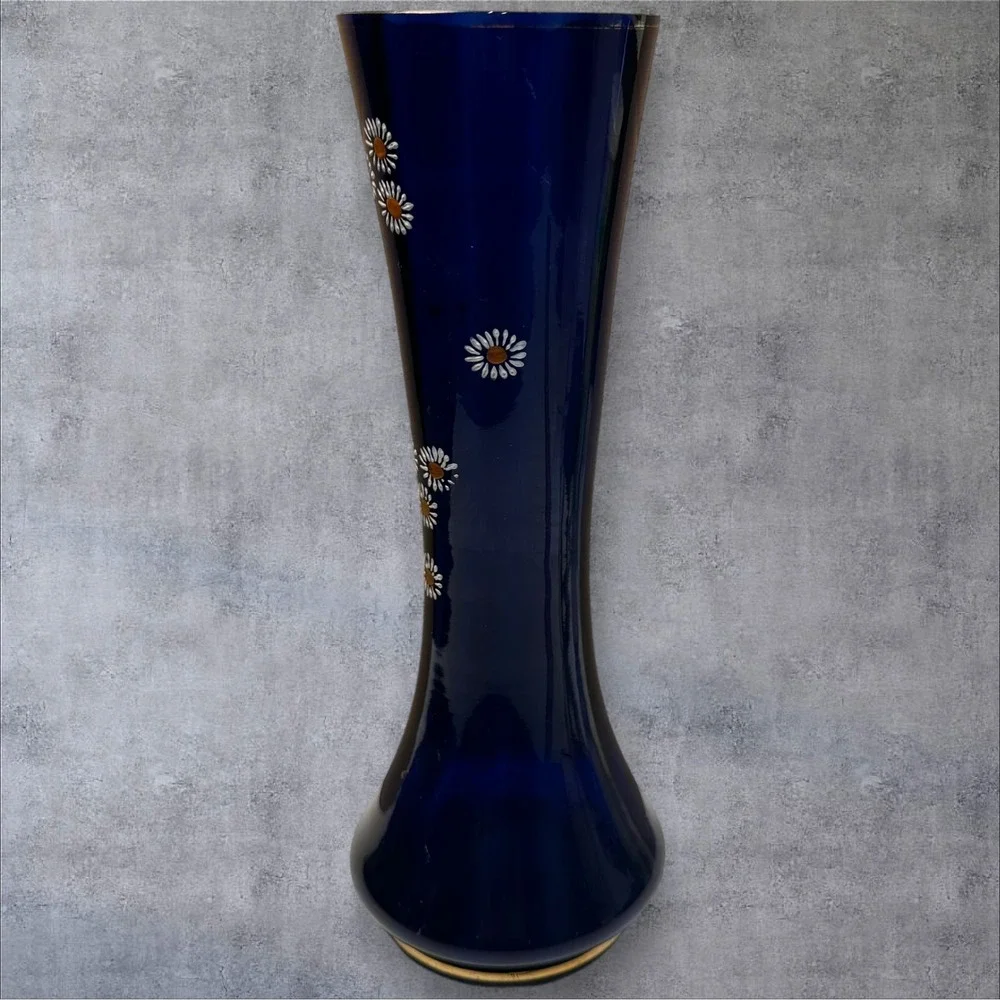 Vintage Cobalt Blue Glass Vase Daisy Flower Design Tall Elegant Home‎ Decor